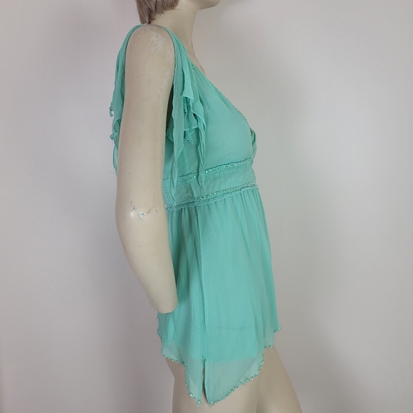 Y2K beaded silk blend mint green top asymmetric hem. - Picture 3 of 15